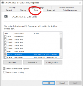 The port tab is selected on the Printer Properties dialog. One of the ports is selected.