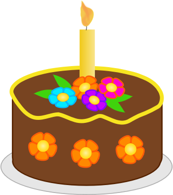 A birthday cake with brown or chocolate icing decorated with multi-colored flowers on the top and around the sides. There is a single lit candle on the top.