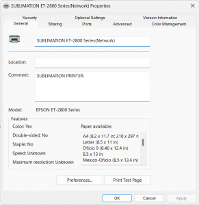 Printer Properties dialog, where you can change the printer name.