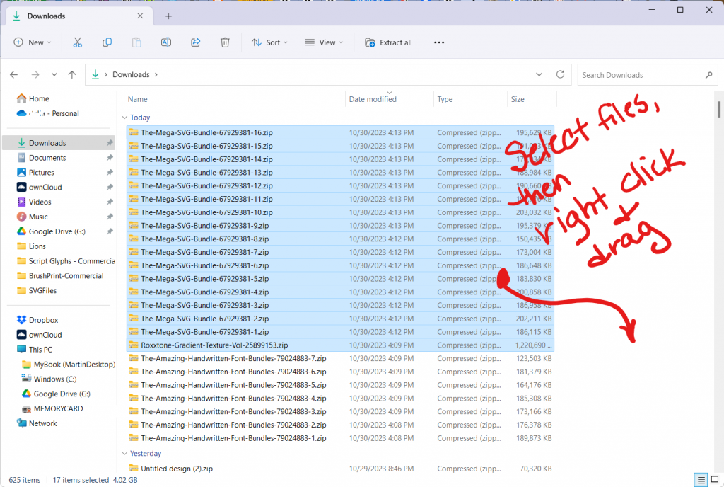 A screen shot of the File Explorer window with 17 .ZIP files highlighted. There is handwritten text: Select the files then right-click and drag. There is an arrow with the start point over the selected files and the endpoint points to an empty area in the File Explorer.