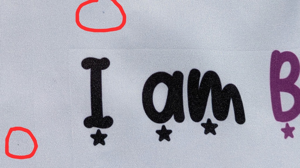 A close up of the image showing two tiny specks of dark color. The specks are circled in red.