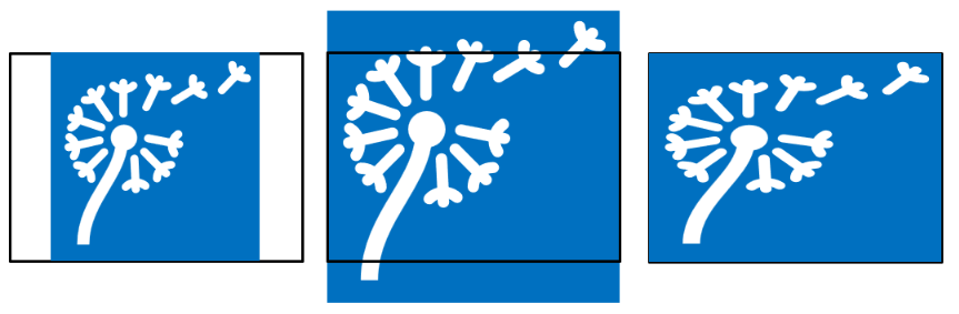 There are three images of a white dandelion graphic on a blue, square background placed on a 5x7 rectangle indicated by a black outline.
The left image shows the square place so the height is equal to the height of the rectangle and the extra width of the rectangle is blank.
The middle image shows the square the width of the rectangle, with the excess height of the square design above and below the rectangle, which would be cut off.
The image on the right shows the square stretched into the rectangle, and the design is stretched horizontally.