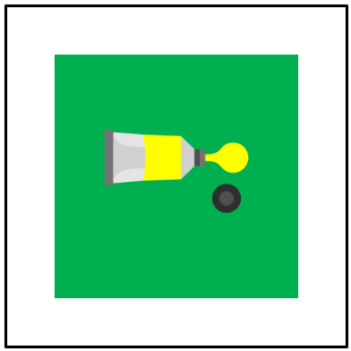 An image of a tube of yellow paint is on a square, green background. This square is in a larger white square, bounded by a black outline. The white, outer square is part of the image that is placed and counts towards the width and height of the image, making the inner green square smaller than the designated size.