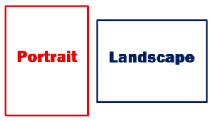 The red rectangle on the left is taller than it is wide with the word Portrait written in the middle in a bold font. The blue rectangle on the right is wider than it is tall with the word Landscape written in the middle in the same bold font. This shows the difference between the two page orientations.